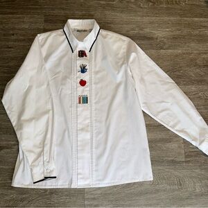 Vintage Yves St. Clair White Button-Down Shirt with Colorful School Embroidery